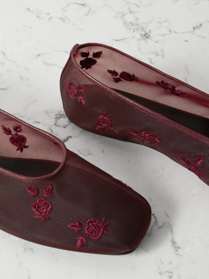 Magda Butrym - Leather-trimmed Embroidered Mesh Ballet Flats - Burgundy - Image 4