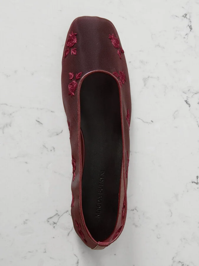 Magda Butrym - Leather-trimmed Embroidered Mesh Ballet Flats - Burgundy - Image 5