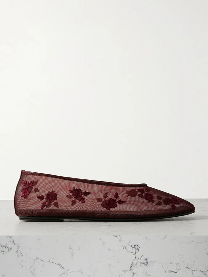 Magda Butrym - Leather-trimmed Embroidered Mesh Ballet Flats - Burgundy