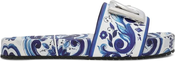 Majolica-print leather slides