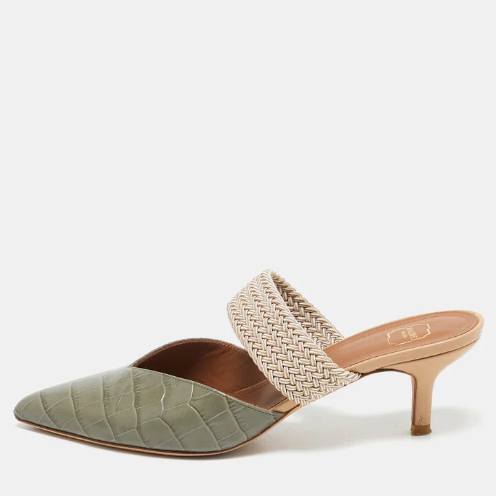 Malone Souliers Army Green Croc Embossed Leather Maisie Mules Size 37