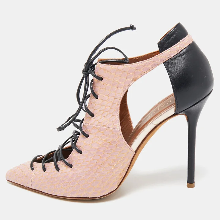 Malone Souliers Beige/Black Leather and Python Montana Lace Up Booties Size 38