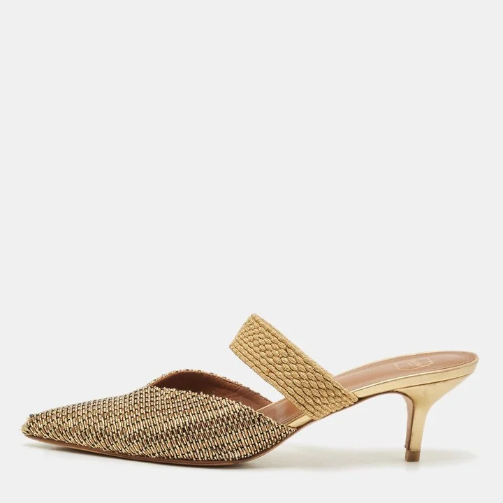 Malone Souliers Beige/Gold Straw and Woven Fabric Maisie Mules Size 41