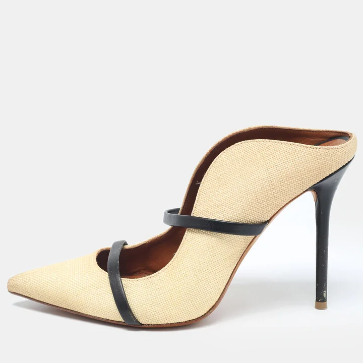 Malone Souliers Beige Leather and Woven Raffia Maureen Pumps Size 39.5