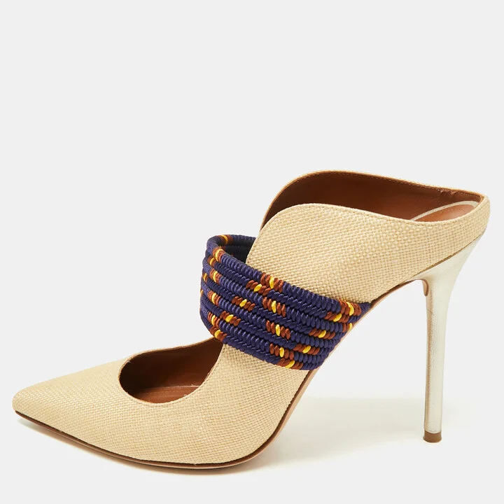 Malone Souliers Beige/Navy Blue Raffia and Cord Mara Pointed Toe Mules Size 40