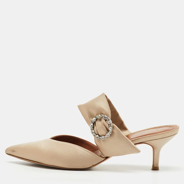 Malone Souliers Beige Satin Maite 45 Crystal Embellished Mules Size 38