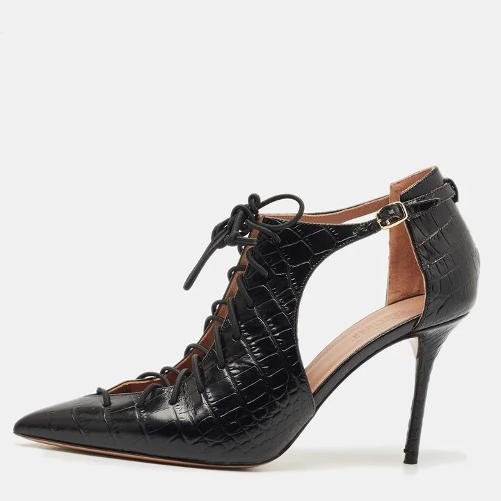 Malone Souliers Black Croc Embossed Leather Montana Lace Up Pumps Size 41