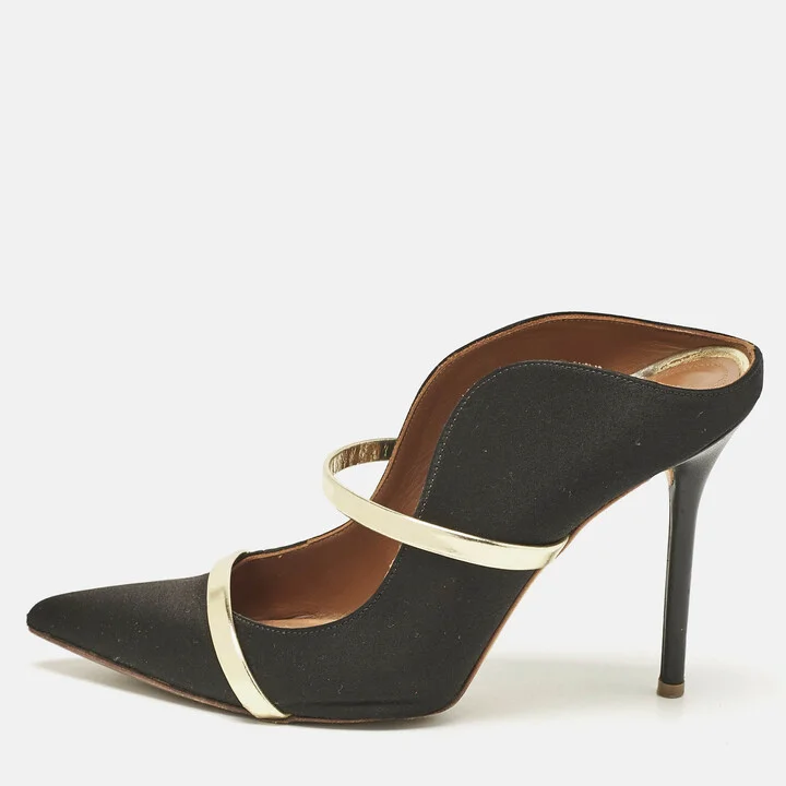 Malone Souliers Black/Gold Satin and Leather Maureen Flat Mules Size 38