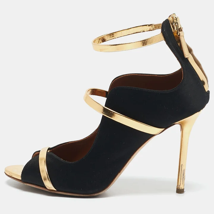 Malone Souliers Black/Gold Satin and Leather Mika Ankle Strap Sandals Size 37.5