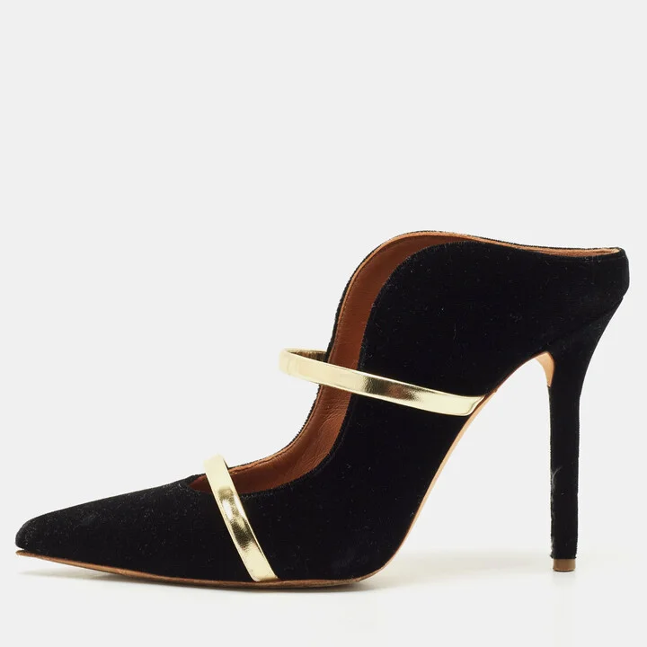 Malone Souliers Black/Gold Velvet and Leather Maureen Pointed Toe Mules Size 38