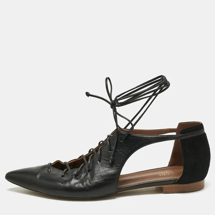 Malone Souliers Black Leather Montana Lace Up Pointed Toe Flats Size 41