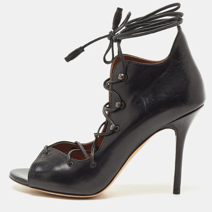 Malone Souliers Black Leather Savannah Open Toe Ankle Wrap Pumps Size 38.5