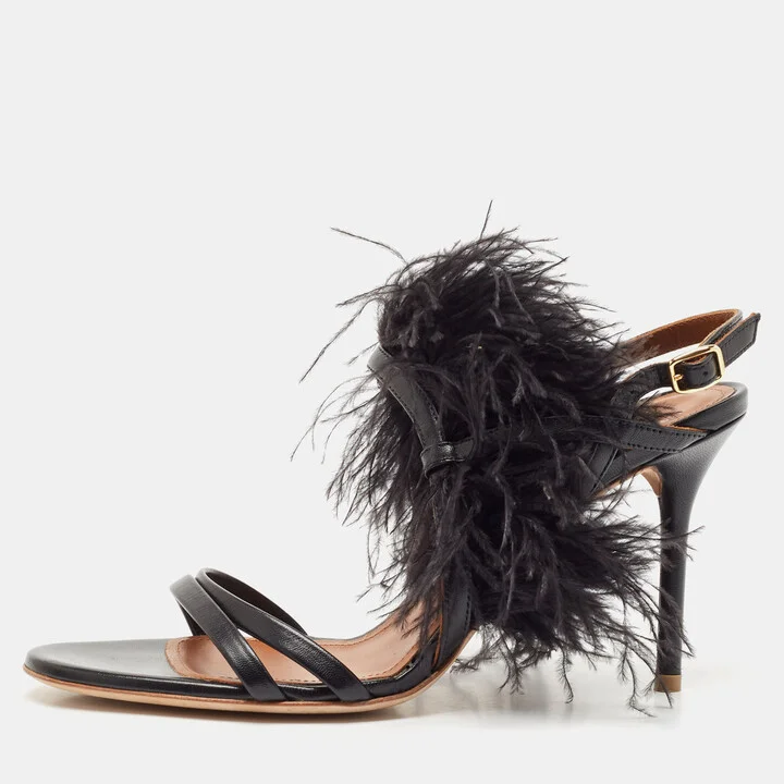 Malone Souliers Black Leather Sonia Feather Slide Sandals Size 37