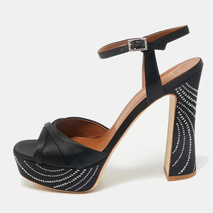 Malone Souliers Black Satin Crystal Embellished Platform Keaton Ankle Strap Sandals Size 42