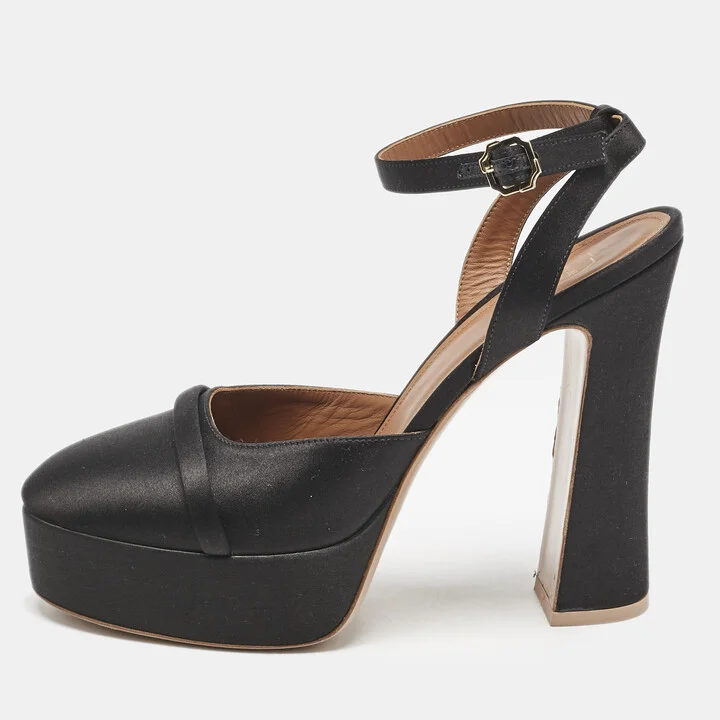 Malone Souliers Black Satin Mora Ankle Strap Platform Pumps Size 40