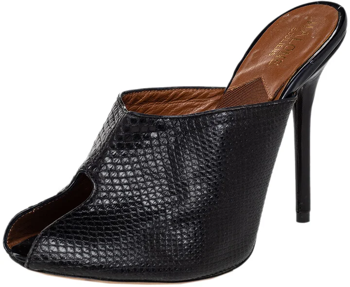 Malone Souliers Black Snakeskin Embossed Leather Peep Toe Mule Sandals Size 37.5