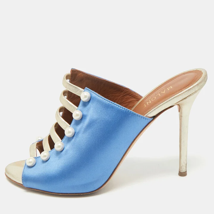 Malone Souliers Blue/Gold Satin and Leather Zada Mules Size 40