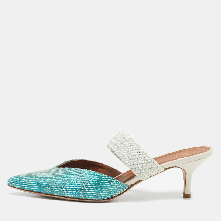 Malone Souliers Blue Woven Raffia and Fabric Maisie Heel Mules Size 39.5