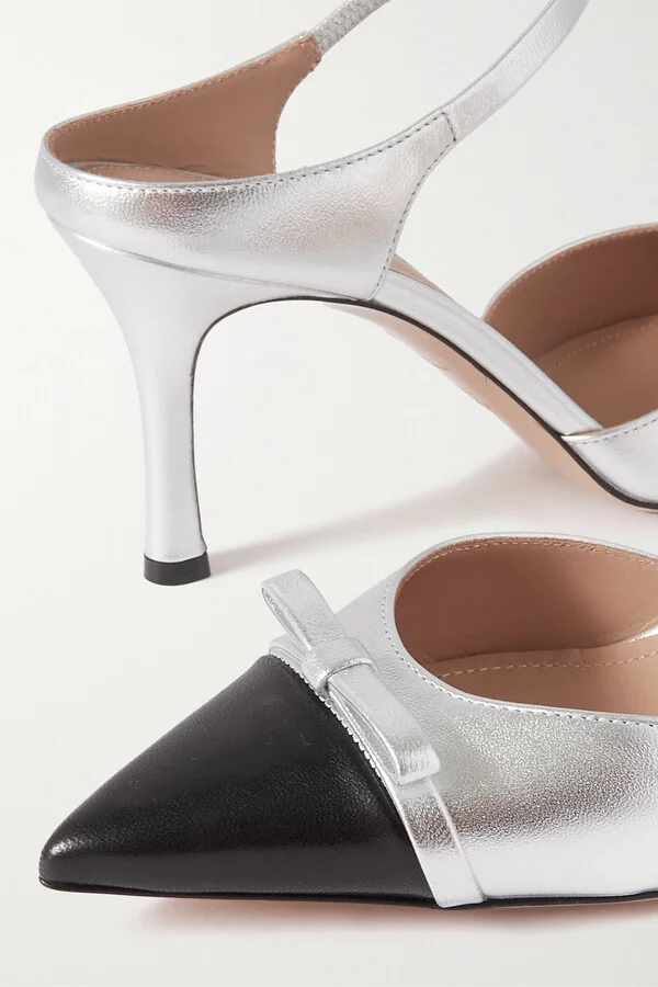 MALONE SOULIERS - Blythe 80 Bow-embellished Two-tone Metallic Leather Mules - Silver - Image 4