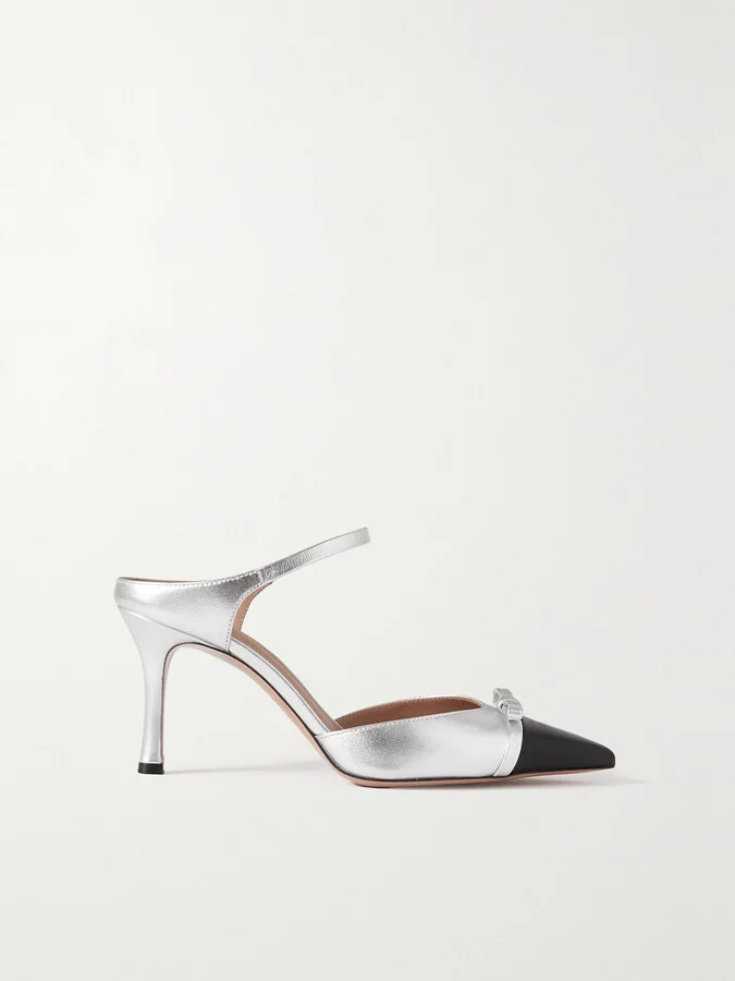 MALONE SOULIERS - Blythe 80 Bow-embellished Two-tone Metallic Leather Mules - Silver