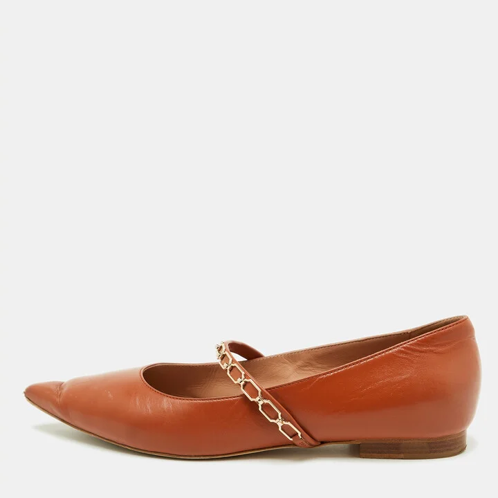 Malone Souliers Brown Leather Virna Chain Detail Mary Jane Ballet Flats Size 38.5