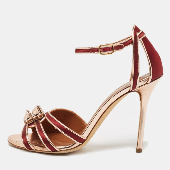 Malone Souliers Burgundy/Gold Leather and Satin Ankle Strap Sandals Size 38