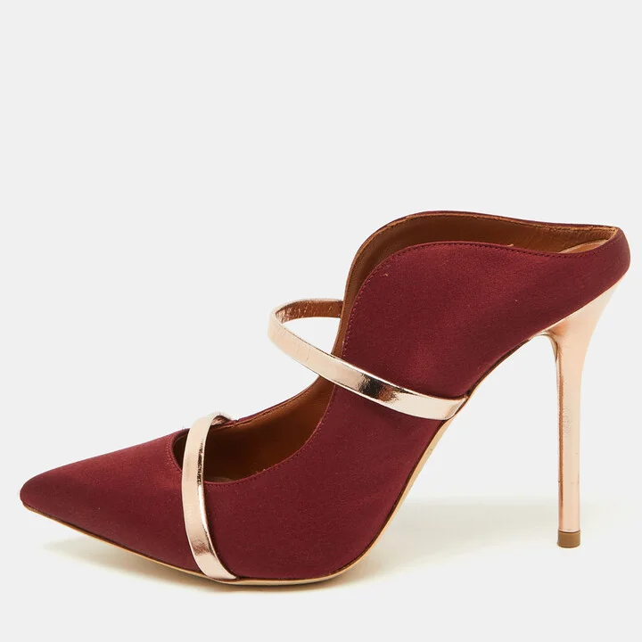 Malone Souliers Burgundy/Rose Gold Satin and Leather Maureen Mules Size 37.5
