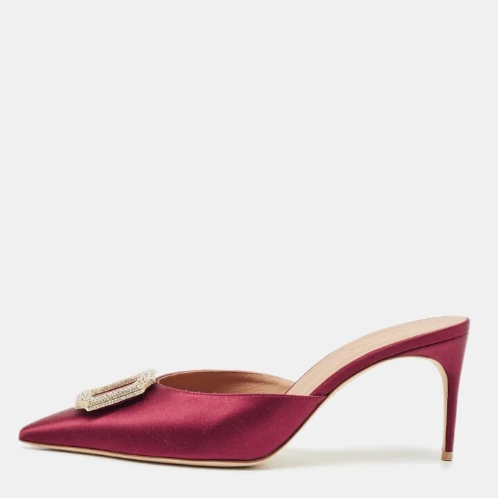 Malone Souliers Burgundy Satin Mona 70 Crystal Embellished Mules Size 41