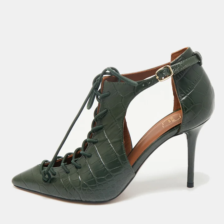 Malone Souliers Green Croc Embossed Leather Montana Pumps Size 37.5
