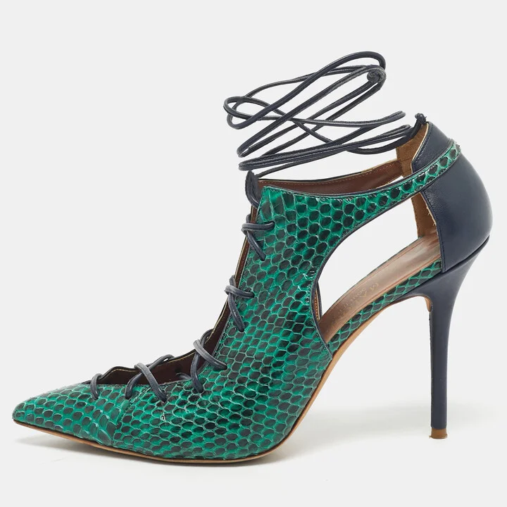 Malone Souliers Green/Navy Blue Leather and Snakeskin Leather Montana Pumps Size 41