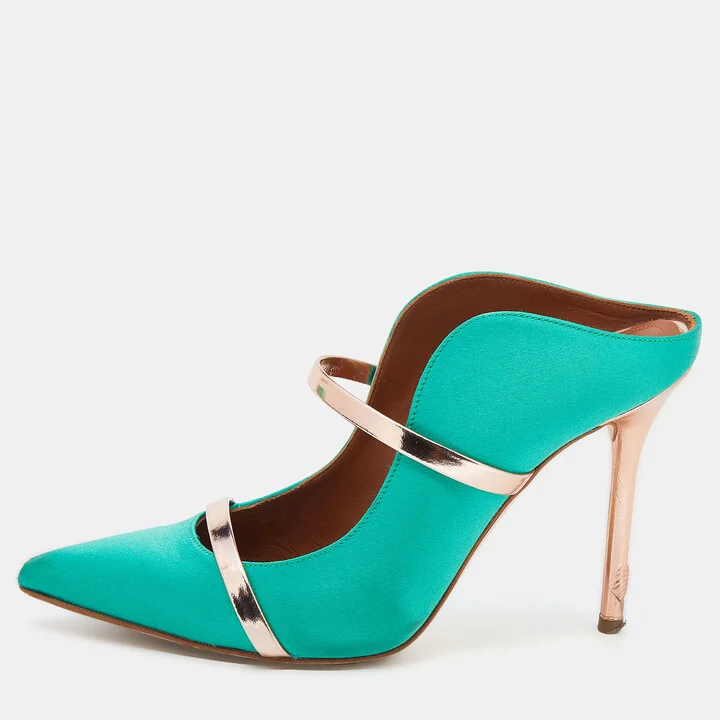 Malone Souliers Green/Rose Gold Satin And Leather Maureen Pointed Toe Mules Size 37