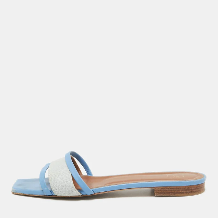 Malone Souliers Grey/Blue Leather And Fabric Demi Flat Slides Size 40