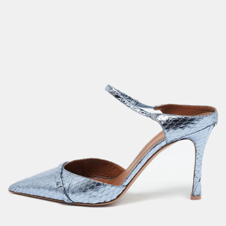 Malone Souliers Metallic Blue Snakeskin Embossed Leather Uma Mules Size 39