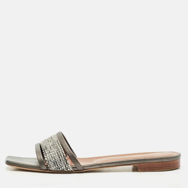 Malone Souliers Metallic Grey/Silver Leather And Fabric Demi Flat Slides Size 41