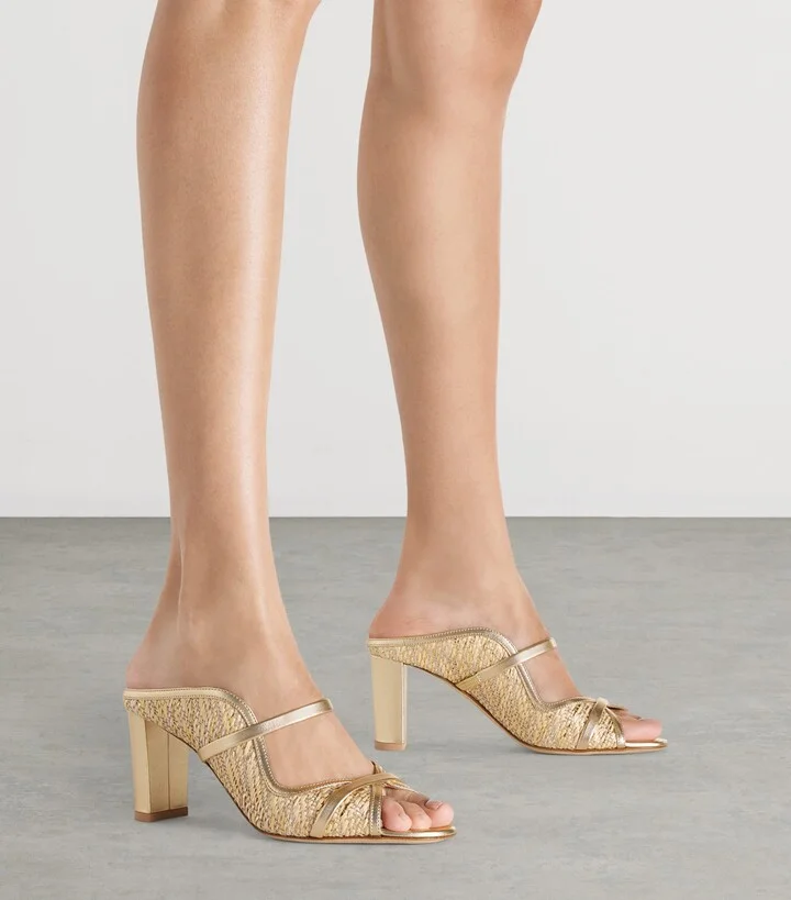 Malone Souliers Metallic Raffia Norah Heeled Sandals 70 - Image 2