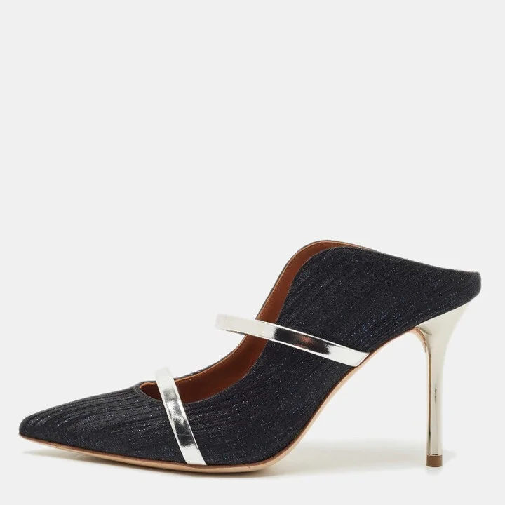 Malone Souliers Navy Blue Lurex Fabric Maureen Heel Mules Size 37