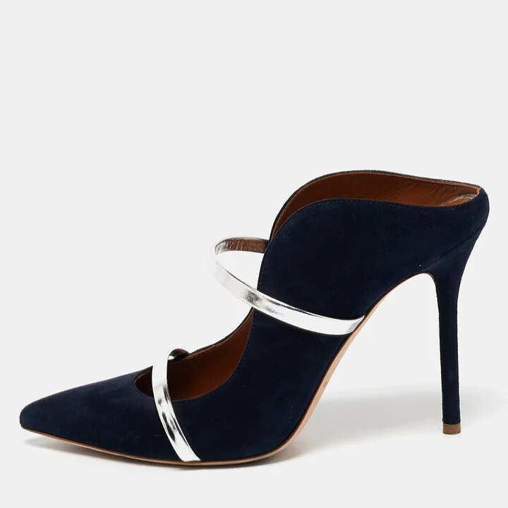 Malone Souliers Navy Blue/Silver Suede and Leather Maureen Mules Size 38.5