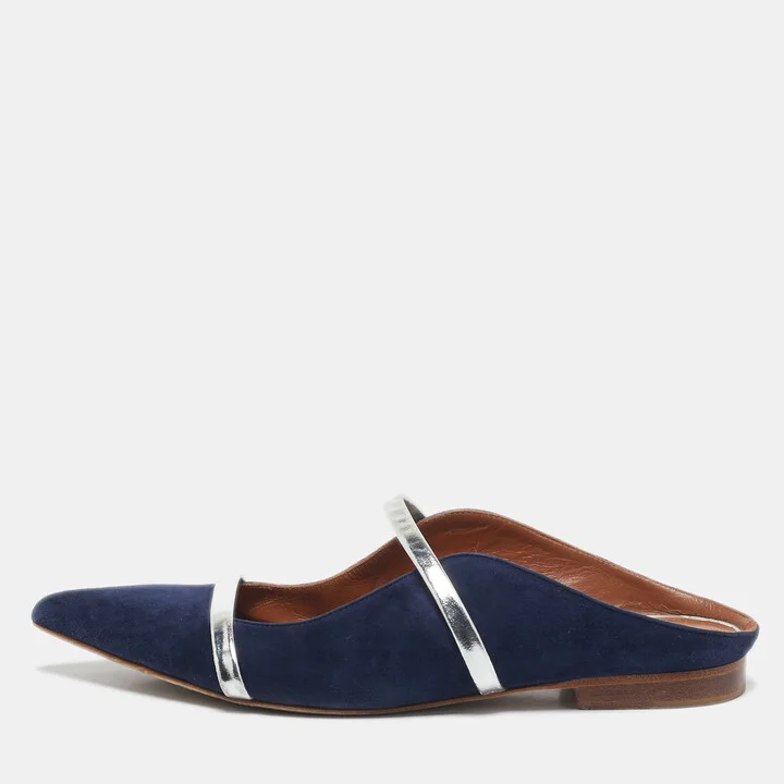 Malone Souliers Navy Blue/Silver Velvet and Leather Maureen Flat Mules Size 37