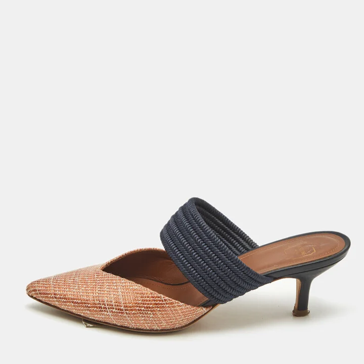 Malone Souliers Orange/Blue Woven Straw Maisie Heel Mules Size 35