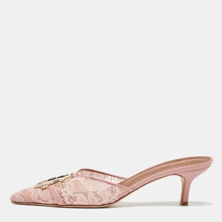Malone Souliers Pink Lace and Leather Mules Size 37.5