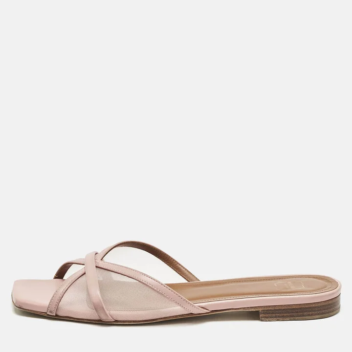 Malone Souliers Pink Leather and Mesh Perla Flat Slides Size 38