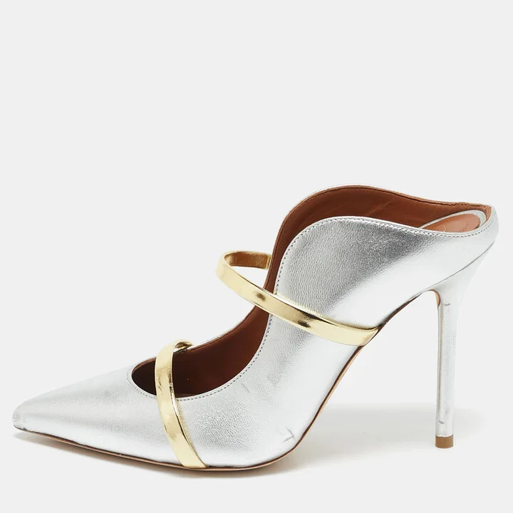 Malone Souliers Silver/Gold Leather Maureen Pointed Toe Mules Size 35.5