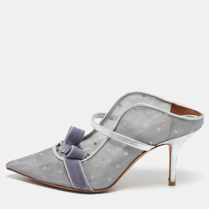 Malone Souliers Silver Leather and Mesh Marguerite Pumps Size 38