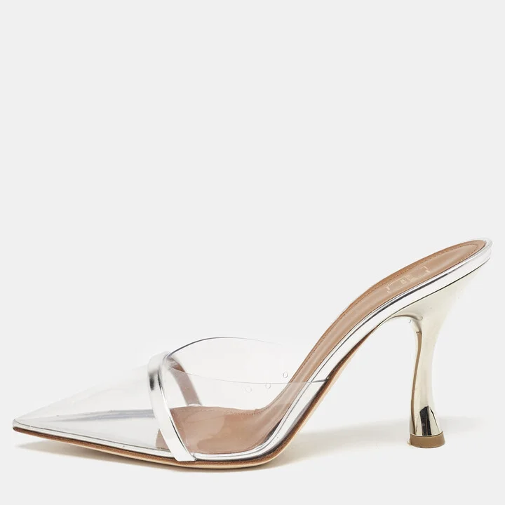 Malone Souliers Silver Patent Leather and PVC Joella Heel Mules Size 37.5