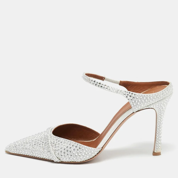 Malone Souliers Silver Satin Crystal Embellished Uma Mules Size 41