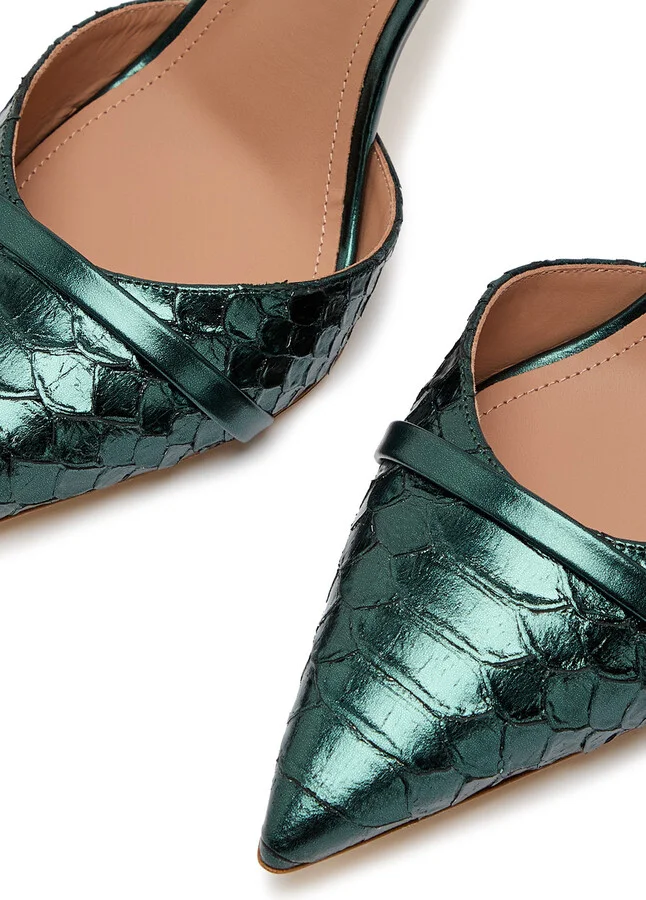 Malone Souliers Uma 90 Python-effect Metallic Leather Mules - Image 3