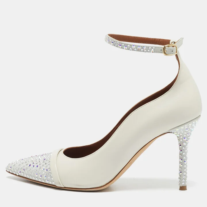 Malone Souliers White Leather and Suede Crystal Embellished Pumps Size 37