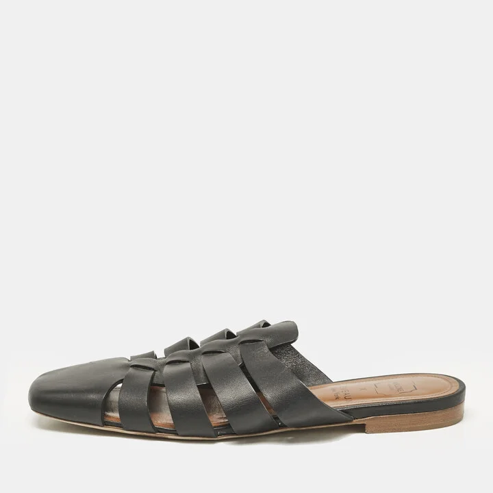 Malone Souliers x Deveaux Black Leather Strappy Flat Mules Size 38.5