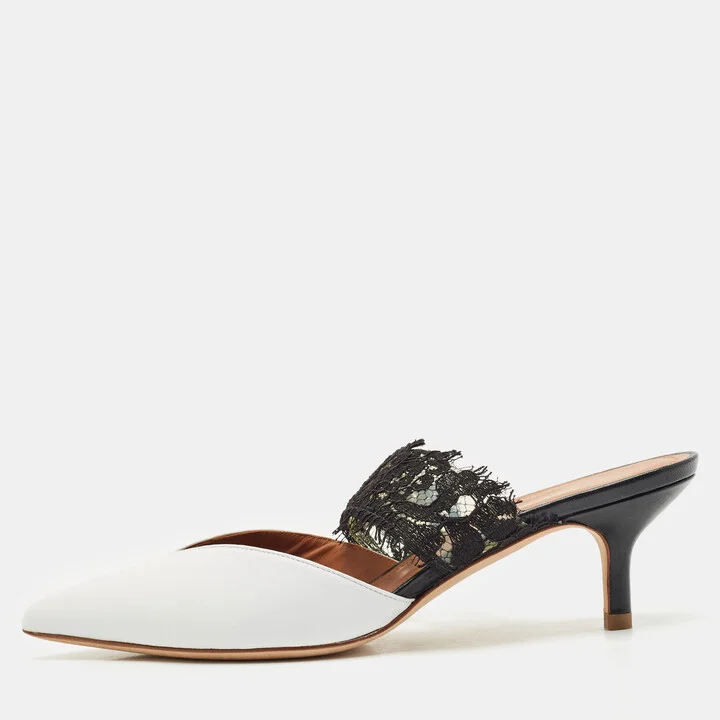 Malone Souliers x Emanuel Ungaro White/Black Lace and Leather Maisie Mules Size 36