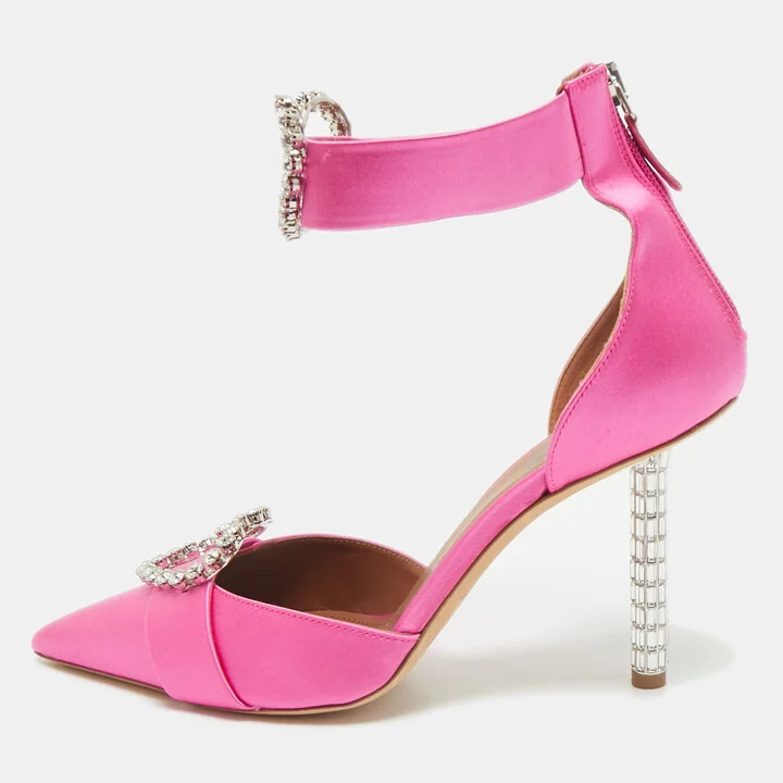 Malone Souliers x Emily In Paris Pink Satin Camille Ankle Strap Pumps Size 39